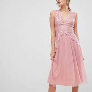 ASOS Lace Top Mesh Pleated Midi Dress